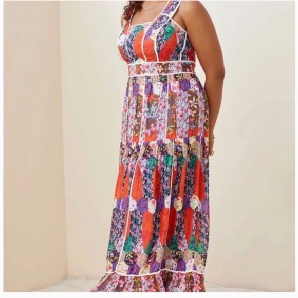 Square Neck Floral Peasant Boho Modern Hippie Farm Hipster Patchwork Maxi Dress - Picture 6 of 6